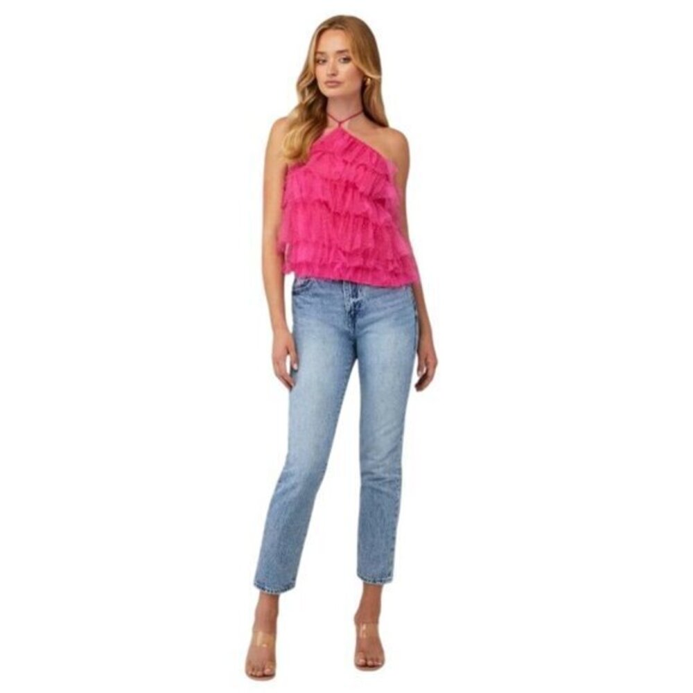 Pink Ruffle Glitter Tulle Halter Top By 4SI3NNA Size S NWT $98 Retail